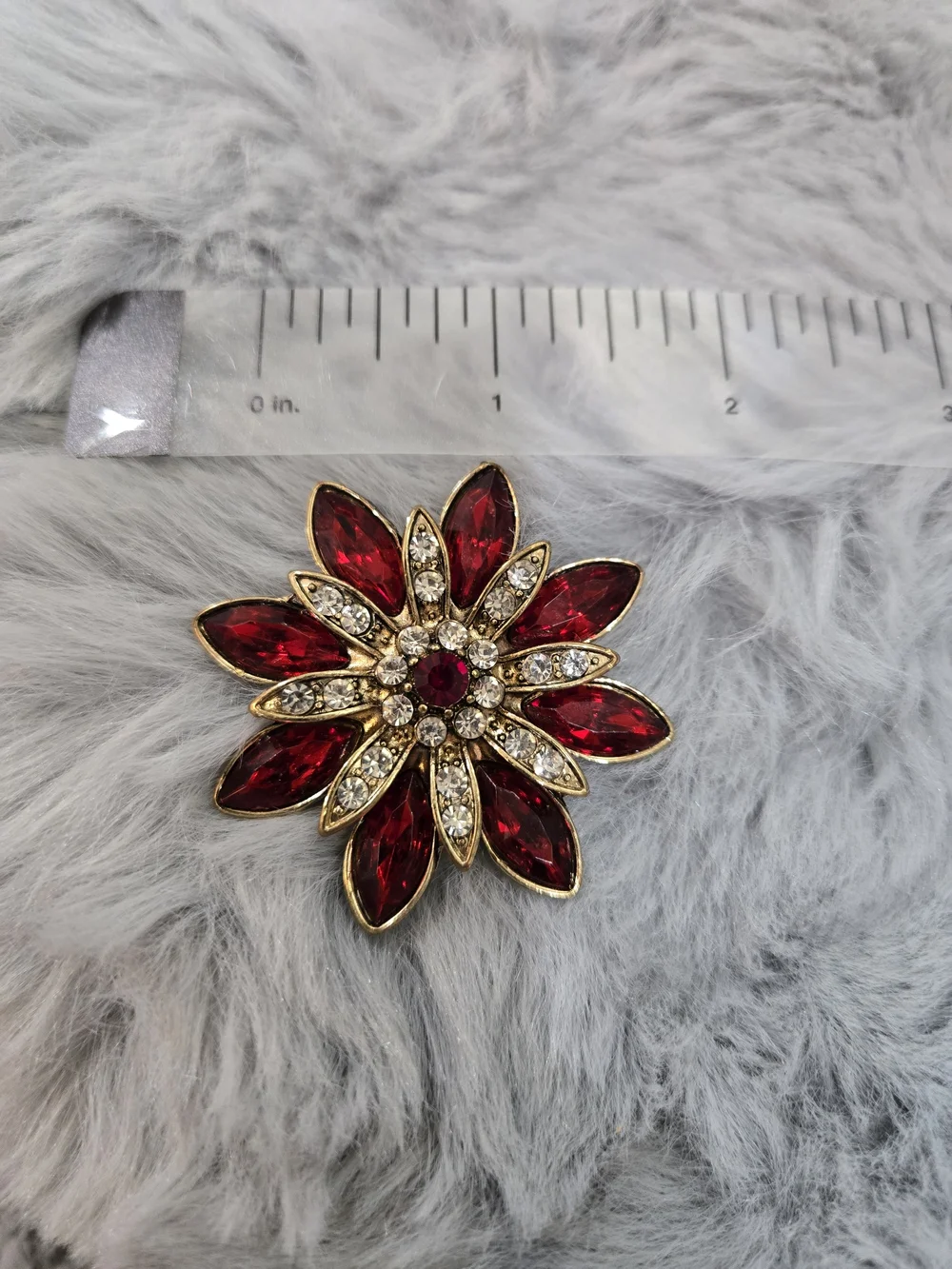 Vintage Jones New York Red Rhinestone Flower Brooch Pin Gold Tone Poinsettia
